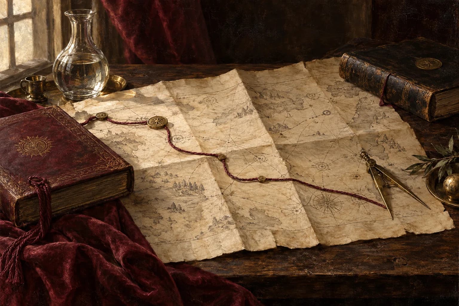 An old map with a burgundy cord linking two ledgers on a wooden table