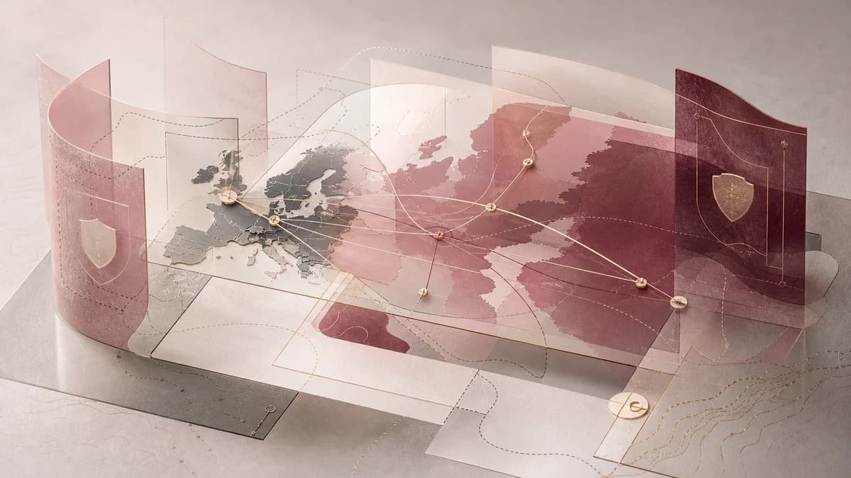 Abstract map of personal data flows across jurisdictions and systems without text or logos