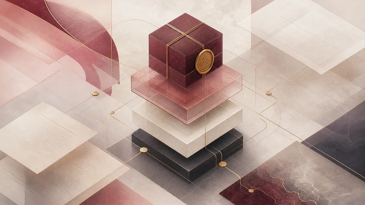 Abstract composition with a digital product, code layers, interface surfaces, and legal documents without text