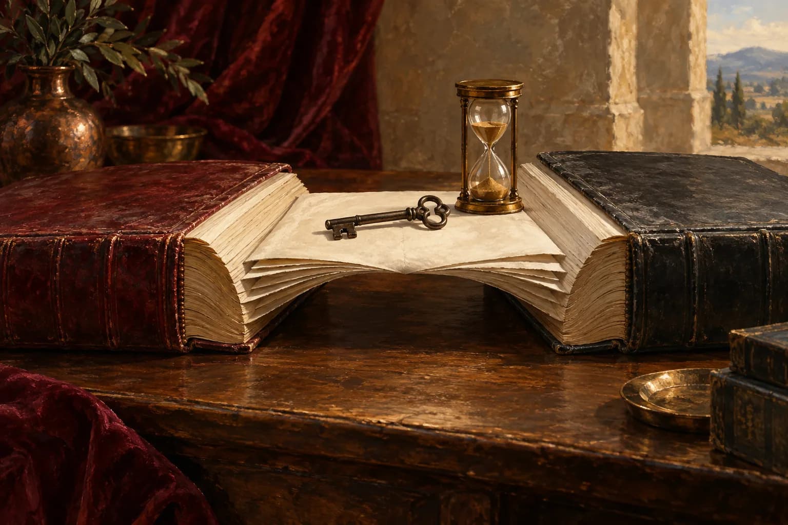 Two antique books joined by sheets of paper, with a key and an hourglass on top