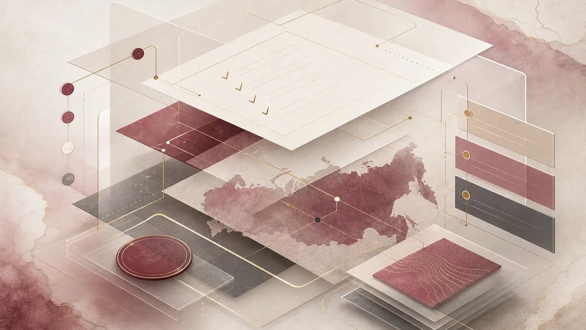Abstract transaction map with documents, milestones, and a calm business composition