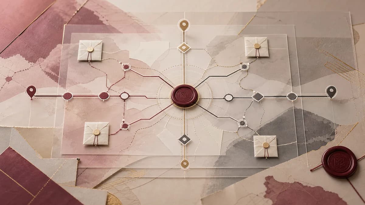 Abstract digital platform map with a seller, disputed orders, and documents without logos